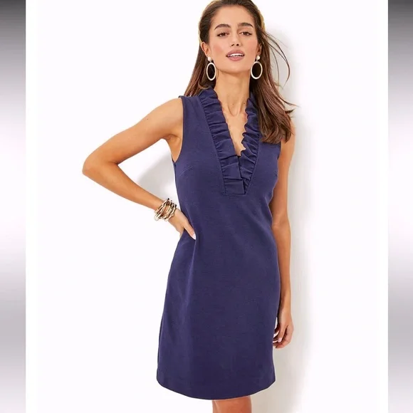 Lilly Pulitzer Tisbury Knit V-Neck Sleeveless Ruffle Detail Sheath Dress navy - Picture 4 of 9